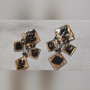 Vintage CONCEITS Geometripc Denim Dangle Clip Earrings  Encased In Acrylic